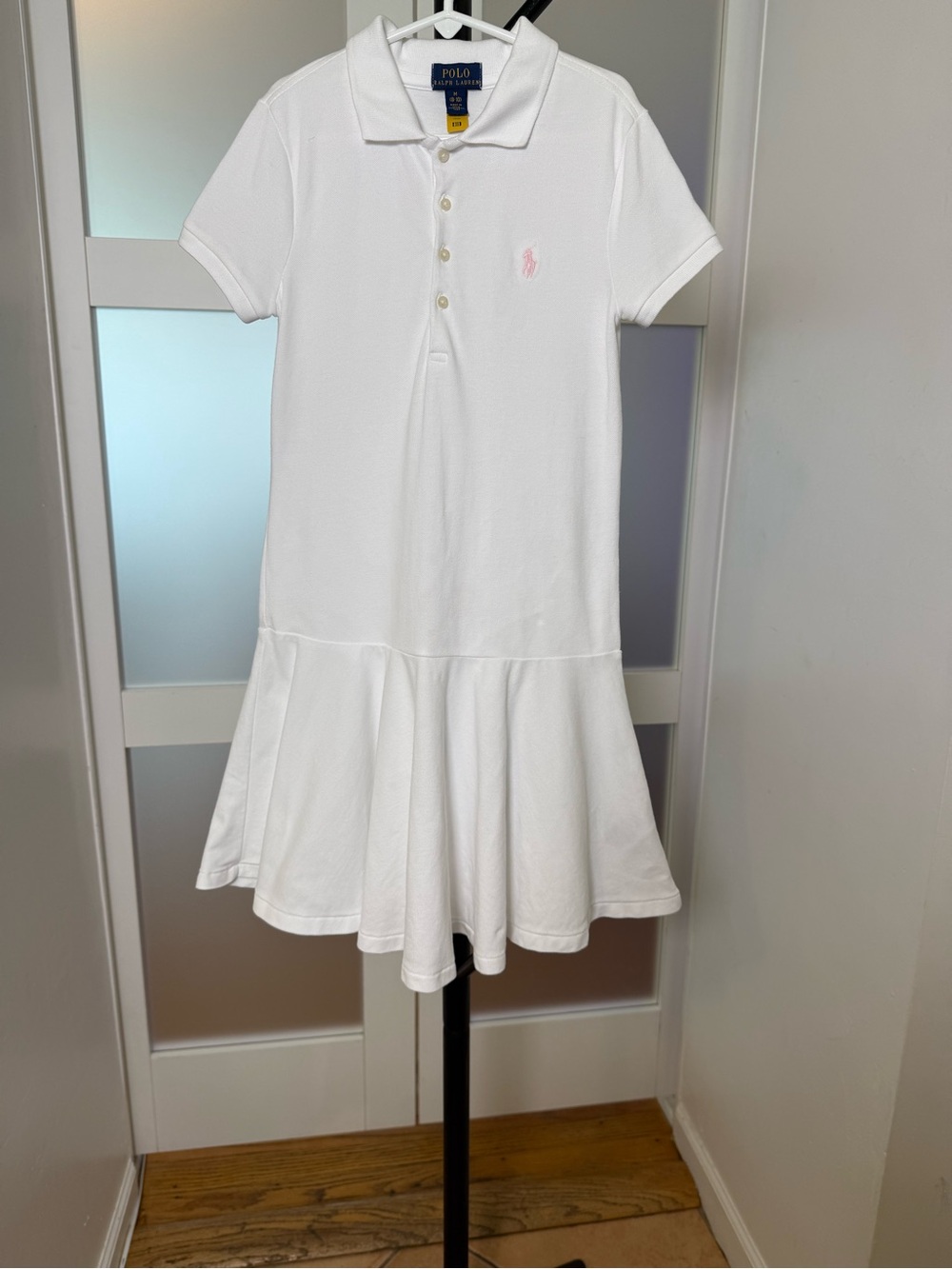 Polo by Ralph Lauren White Polo Shirt Dress with Pink Logo, Medium.